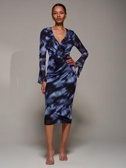 Jolie Moi V-Neck Ruffle Mesh Midi Dress, Blue Abstract, Blue Abstract
