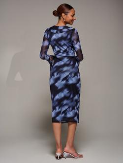 Jolie Moi V-Neck Ruffle Mesh Midi Dress, Blue Abstract - view 2, Blue Abstract