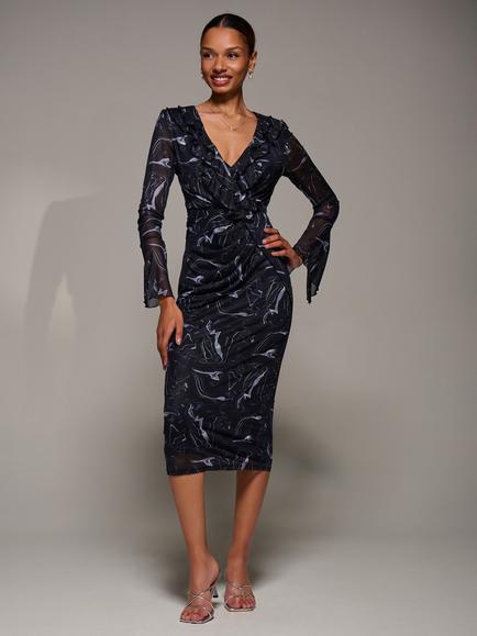 Jolie Moi V-Neck Ruffle Mesh Midi Dress, Black Abstract, Black Abstract