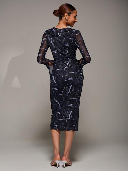 Jolie Moi V-Neck Ruffle Mesh Midi Dress, Black Abstract - view 2, Black Abstract
