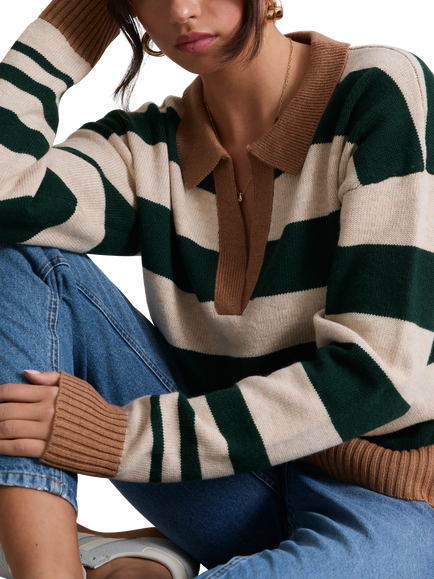 Hay Life Rocky Knitted Striped Rugby Shirt, Green/Multi - view 2, Green/Multi