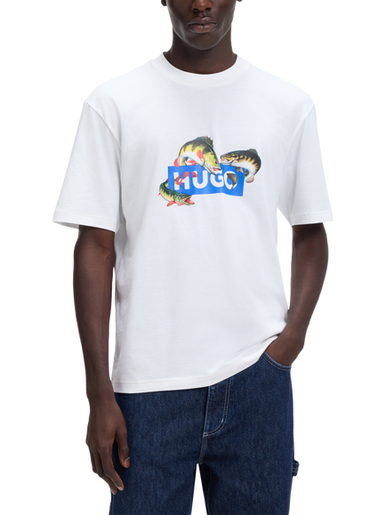 BOSS Cotton Regular Fit Short Sleeve Fish Graphic T-Shirt, Open White, Open White