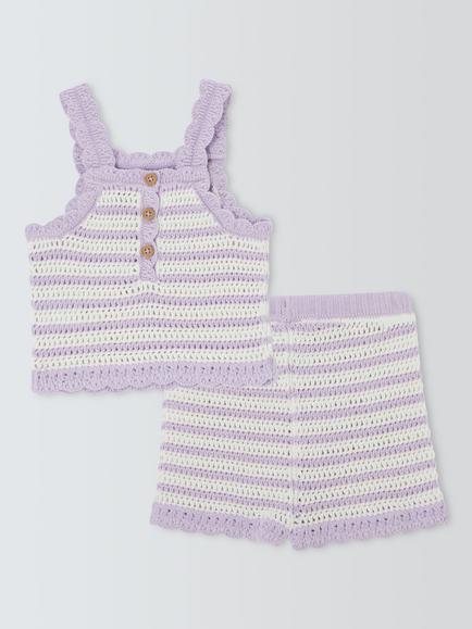 John Lewis Baby Crochet Sun Vest & Shorts Set, Purple - view 2, Purple