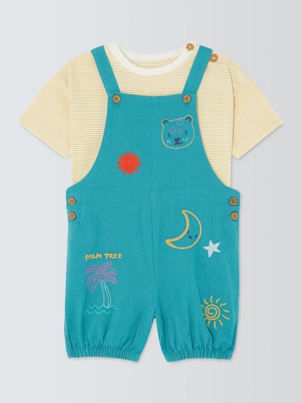 John Lewis Baby Embroidered Bibshorts & T-Shirt Set, Green, Green