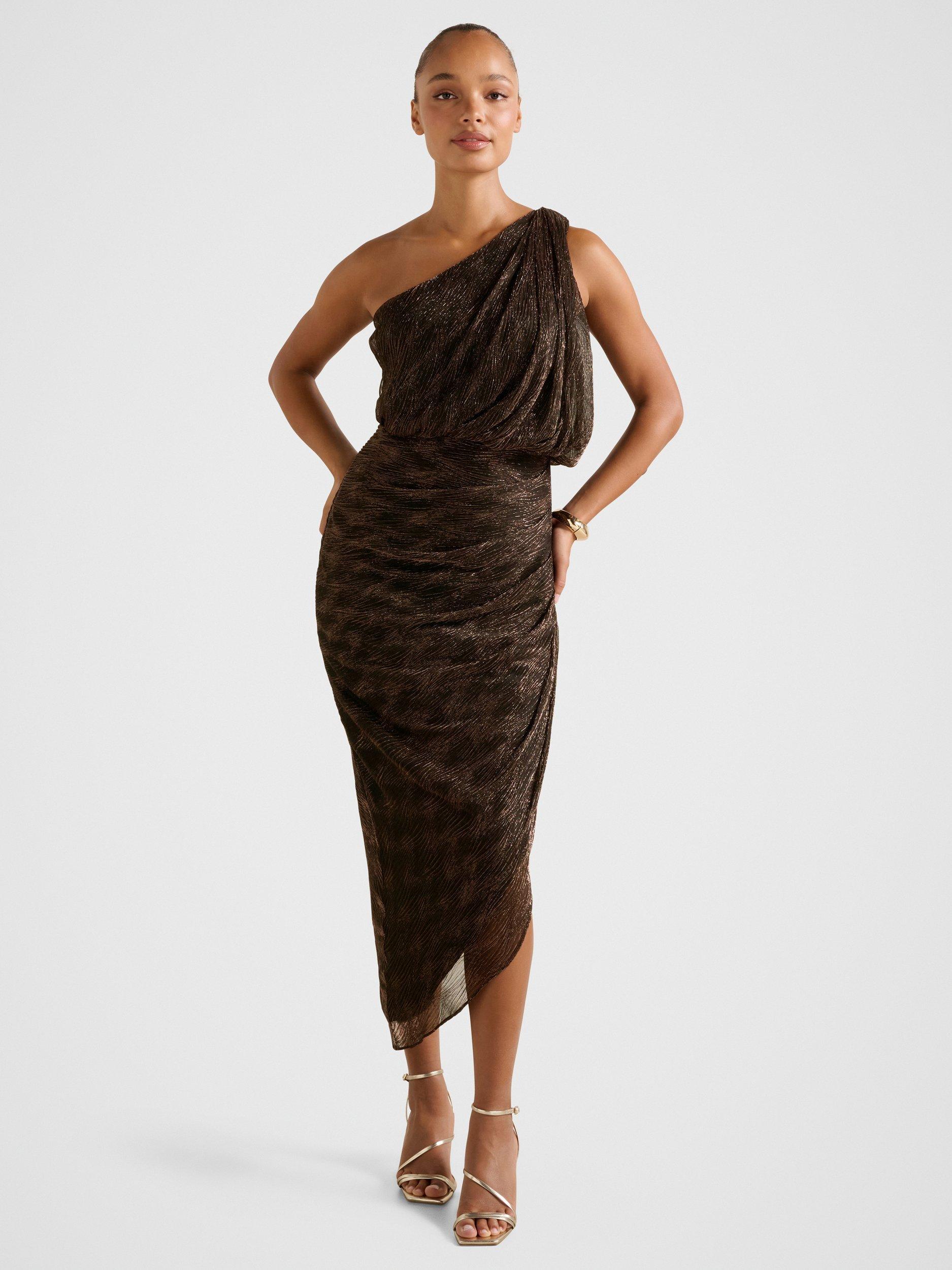 Forever New Cassidy One Shoulder Plisse Midi Dress, Bronze