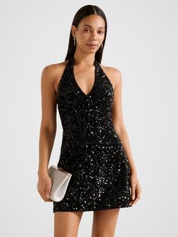 Forever New Riley Sequin Halter Mini Dress, Black, Black