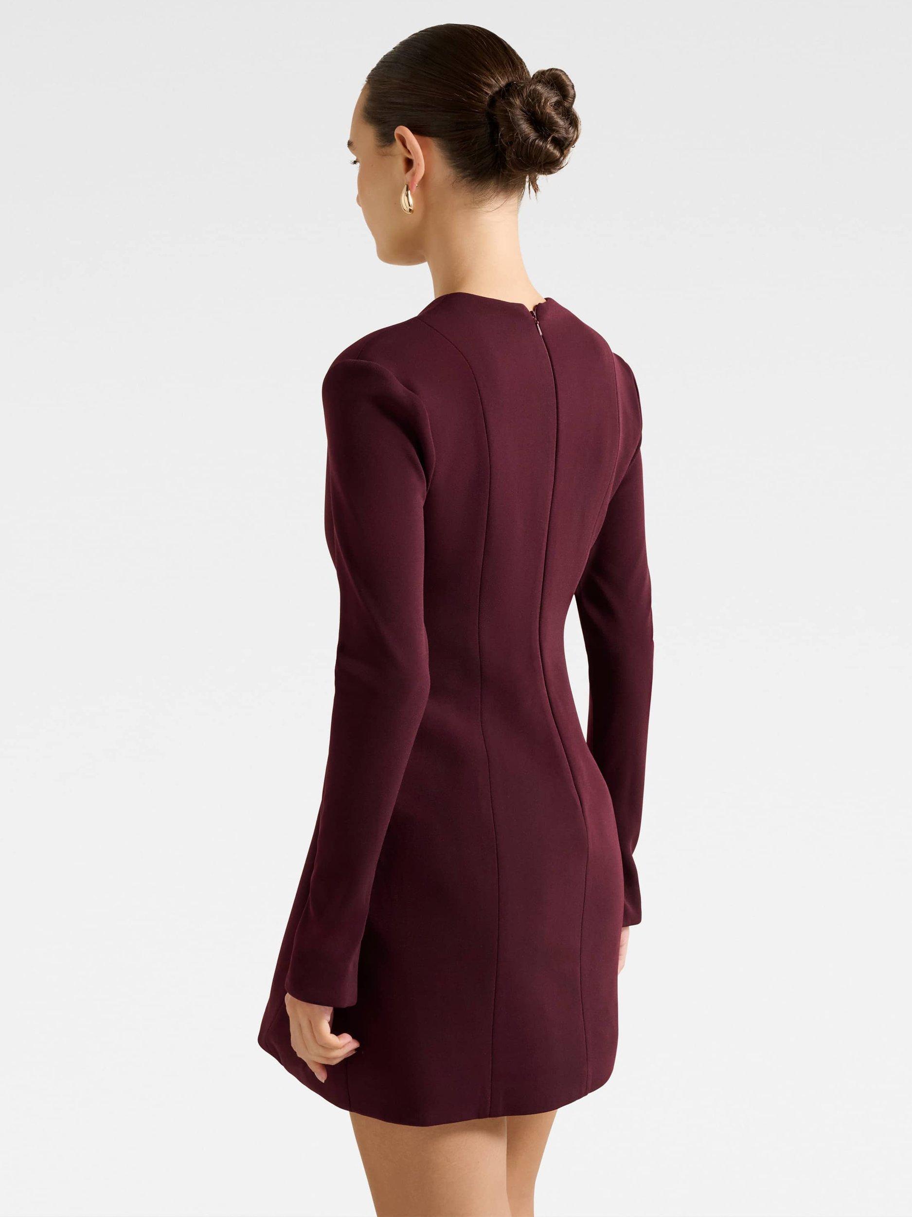 Product image 2 of 5, which shows Forever New Ruby Long Sleeve Structured Mini Dress, Burgundy, 4