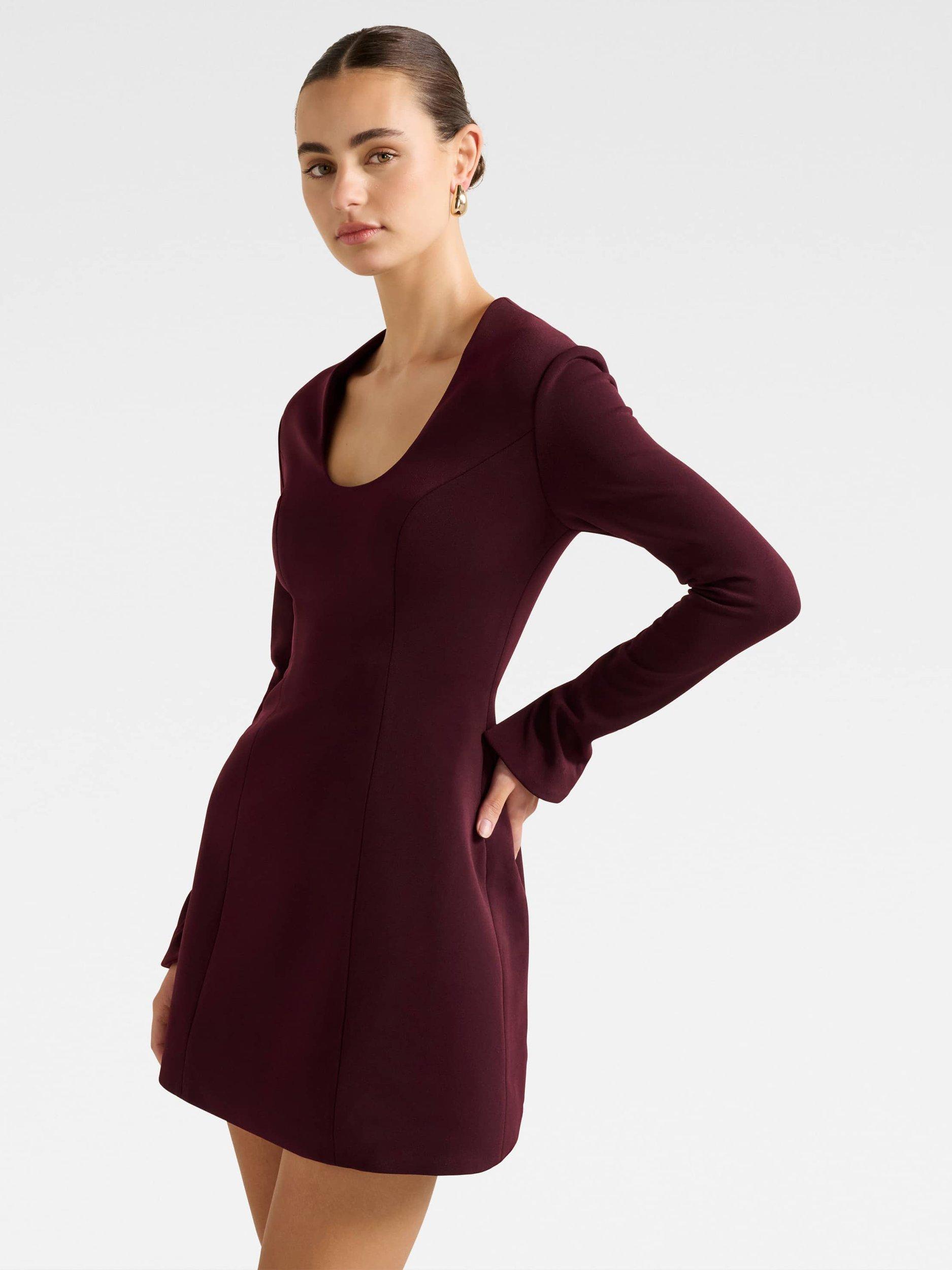 Product image 3 of 5, which shows Forever New Ruby Long Sleeve Structured Mini Dress, Burgundy, 4