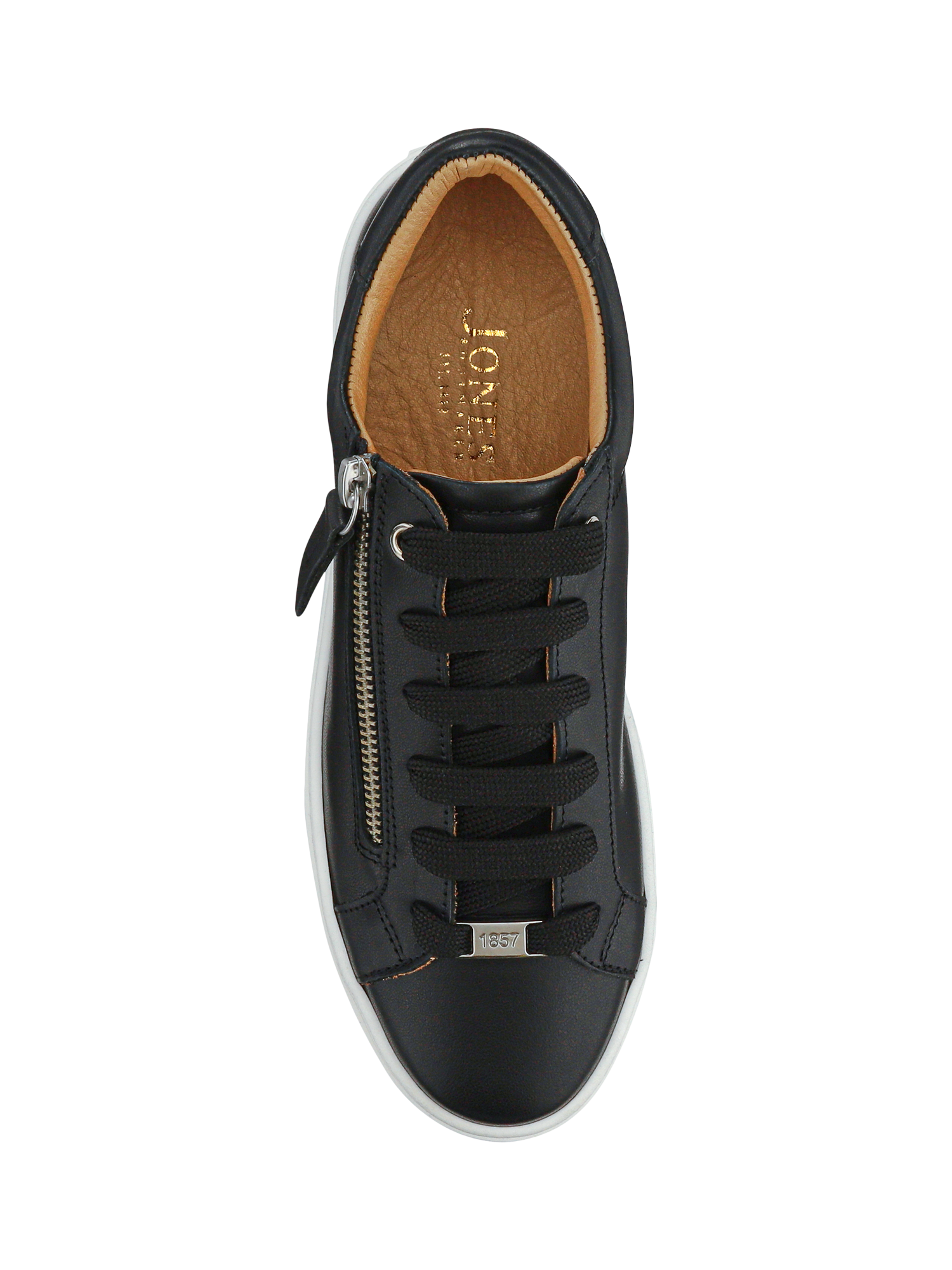 Product image 5 of 6, which shows Jones Bootmaker Amaliada Leather Zip Detail Platform Trainers, Black, 3