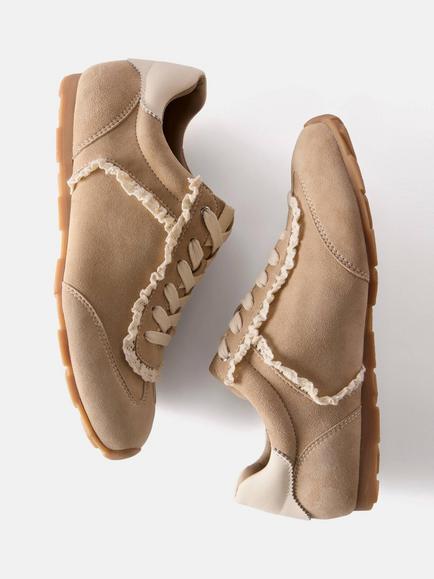Mint Velvet Lina Suede Lace Trim Detail Trainers, Natural - view 2, Natural