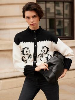 Mint Velvet Cotton Blend Horse High Neck Cardigan, Black