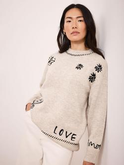 Mint Velvet Wool Blend Floral Round Neck Jumper, Natural