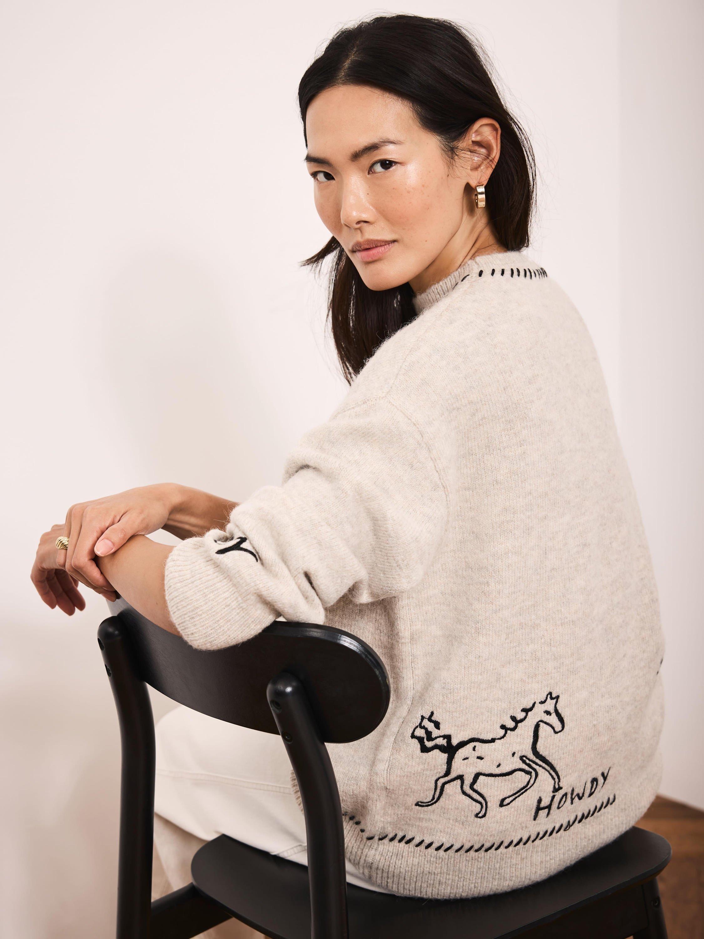 Product image 2 of 8, which shows Mint Velvet Wool Blend Floral Round Neck Jumper, Natural, XS