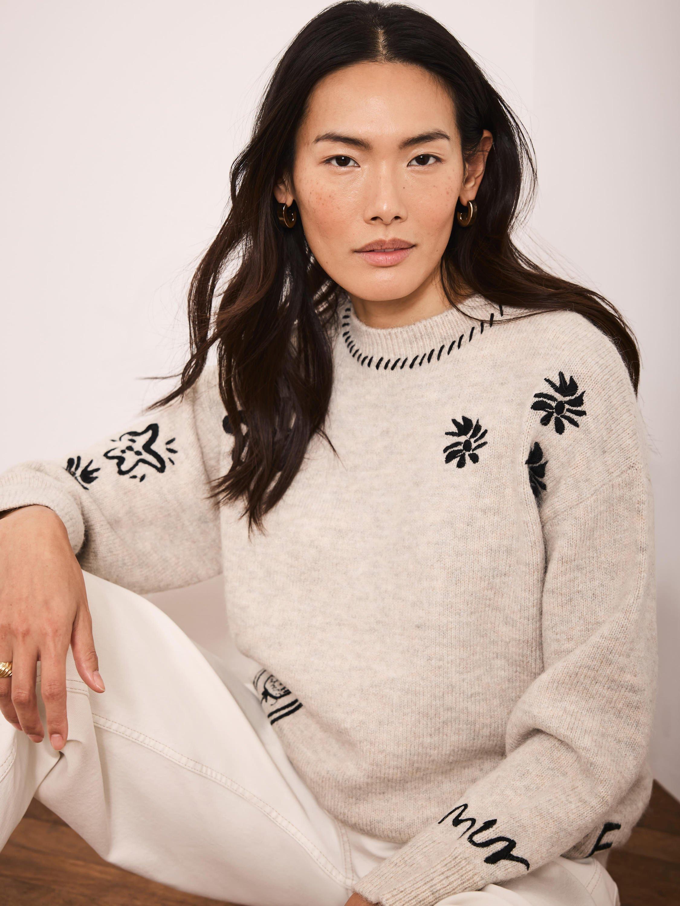 Product image 3 of 8, which shows Mint Velvet Wool Blend Floral Round Neck Jumper, Natural, XS