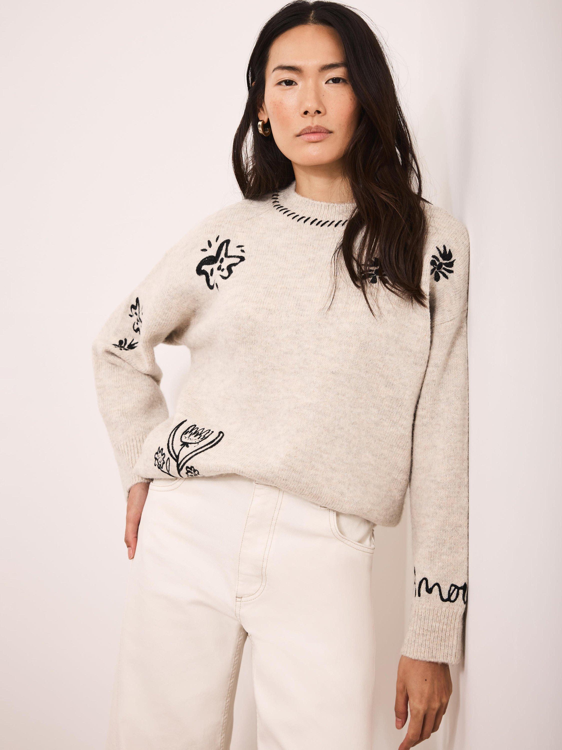Product image 5 of 8, which shows Mint Velvet Wool Blend Floral Round Neck Jumper, Natural, XS