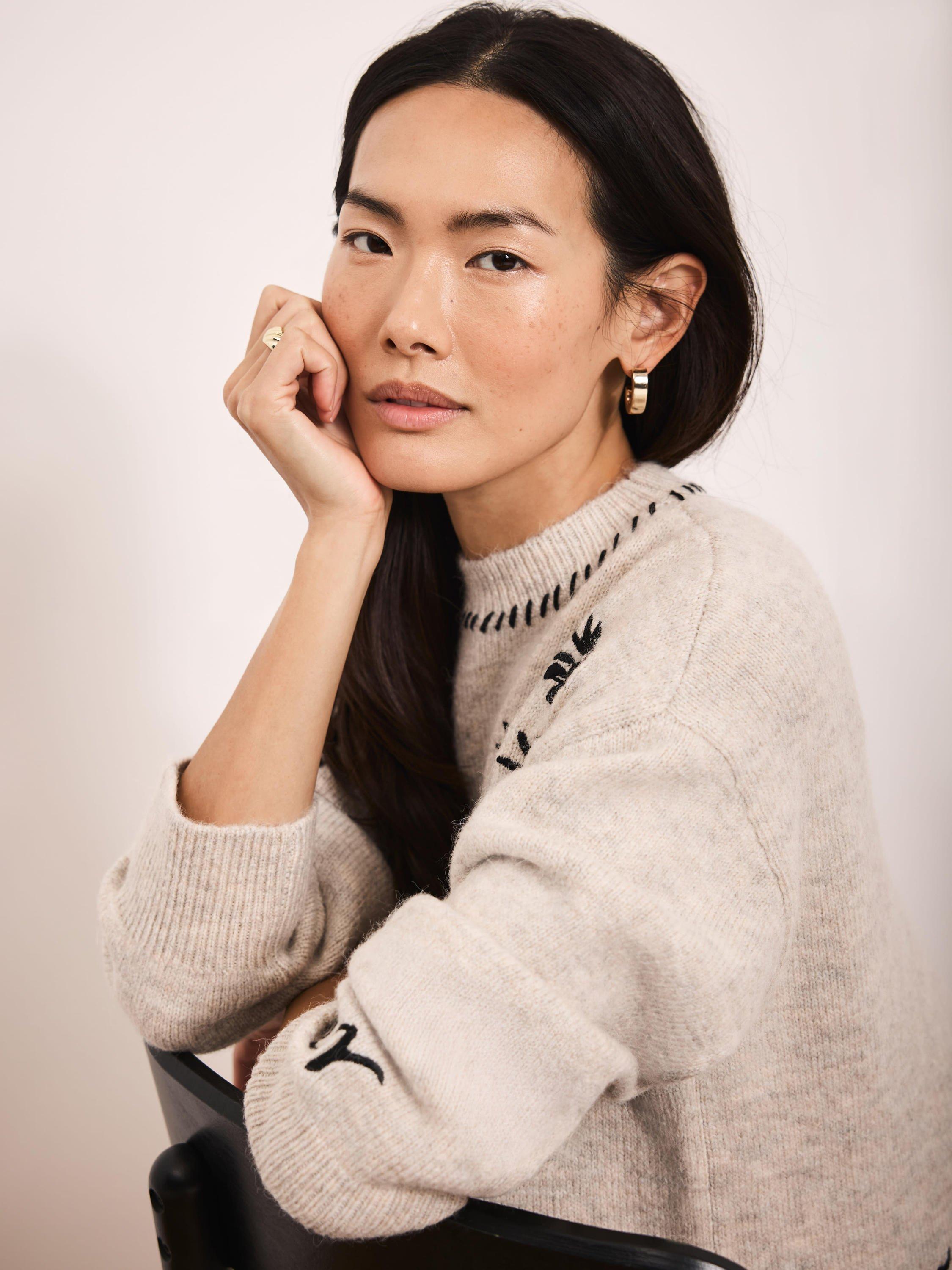 Product image 6 of 8, which shows Mint Velvet Wool Blend Floral Round Neck Jumper, Natural, XS