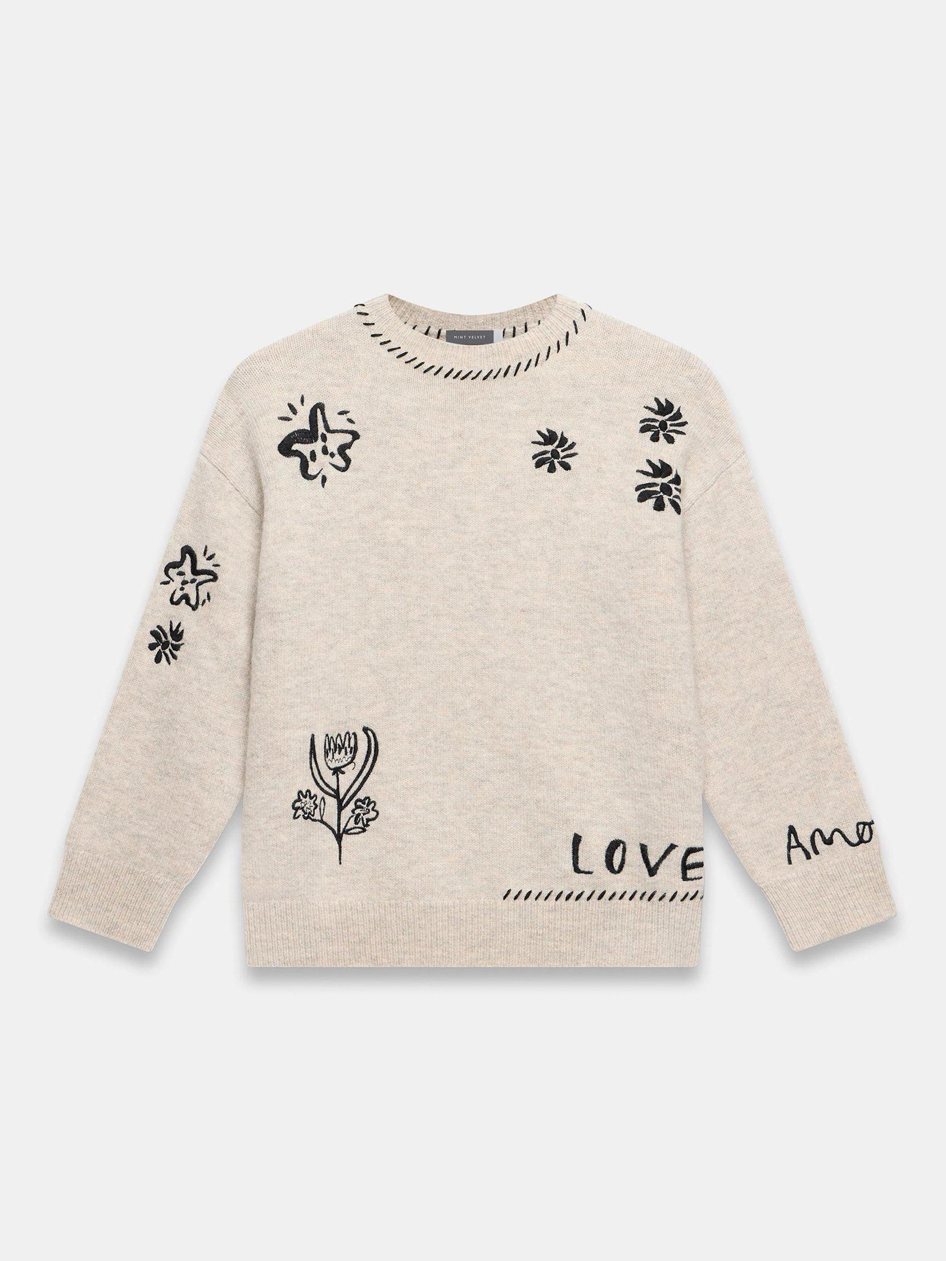 Product image 7 of 8, which shows Mint Velvet Wool Blend Floral Round Neck Jumper, Natural, XS