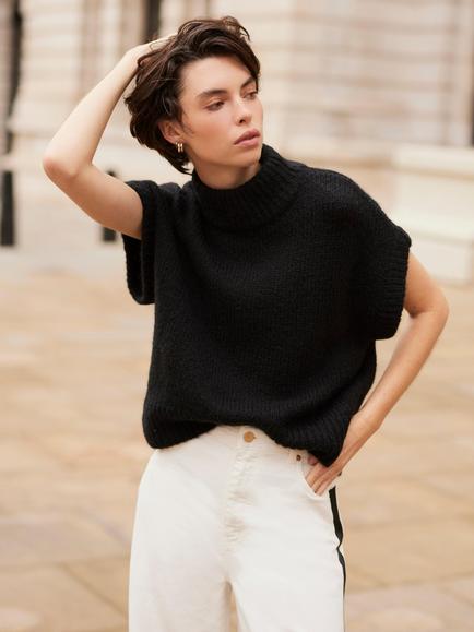 Mint Velvet Wool Blend Cap Sleeve High Neck Top, Black
