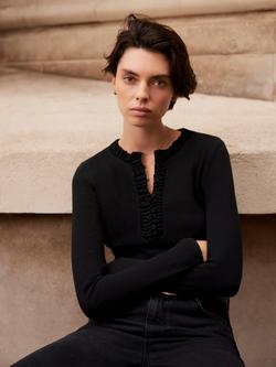 Mint Velvet Cotton Blend Long Sleeve Round Neck Top, Black