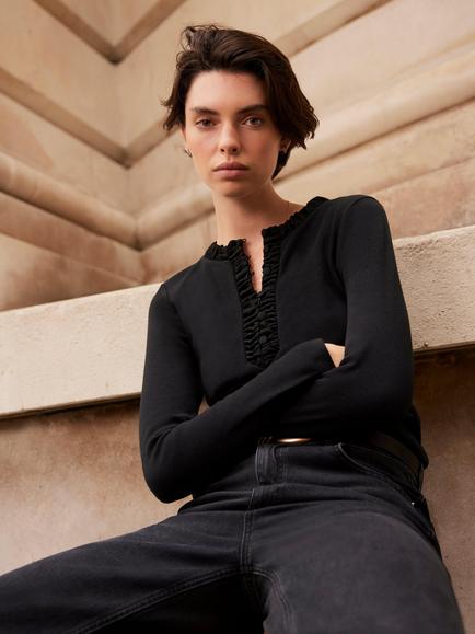 Mint Velvet Cotton Blend Long Sleeve Round Neck Top - view 2, Black