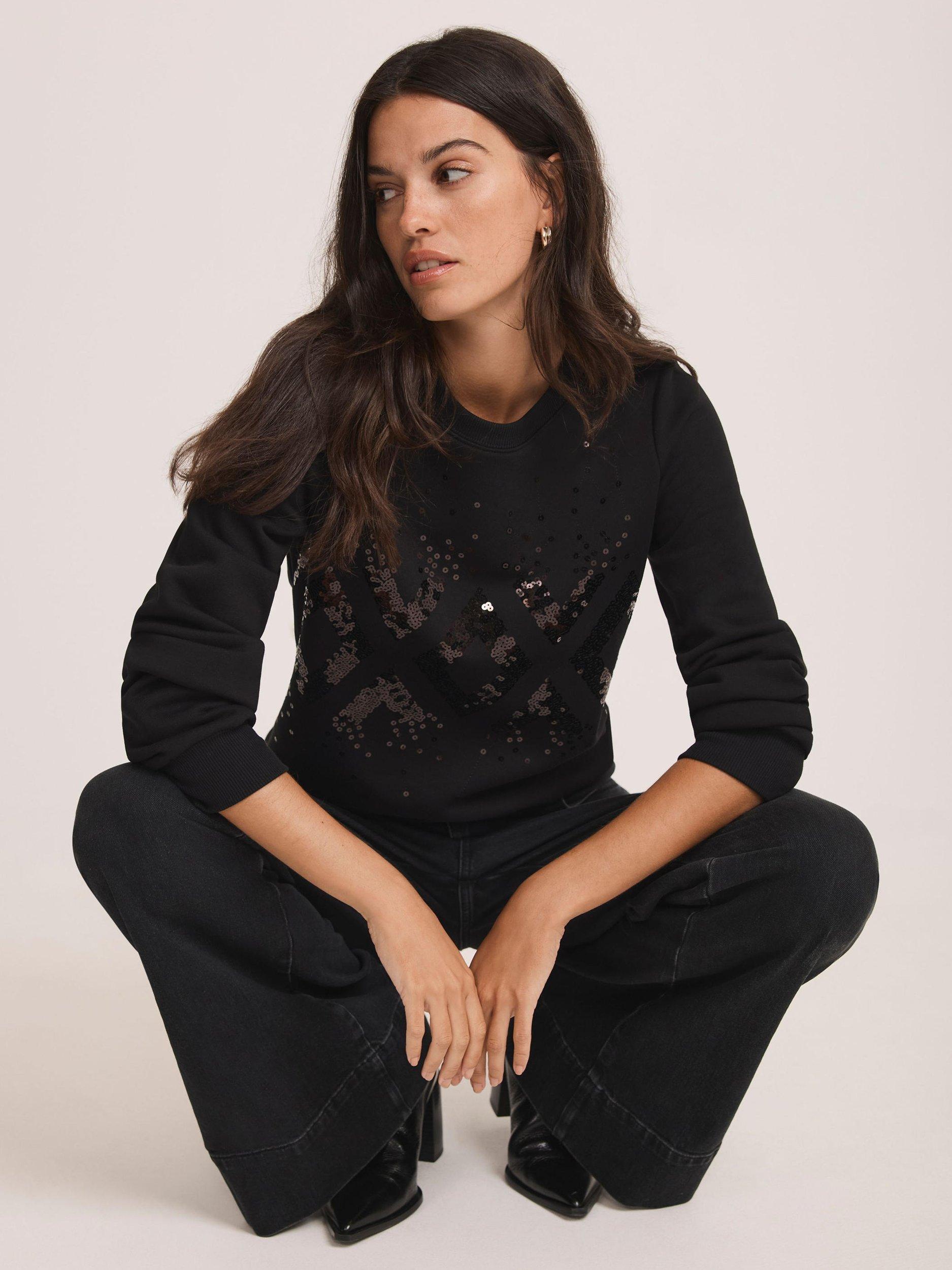 Product image 2 of 7, which shows Mint Velvet Cottton Blend Sequin Sweatshirt, Black, XL