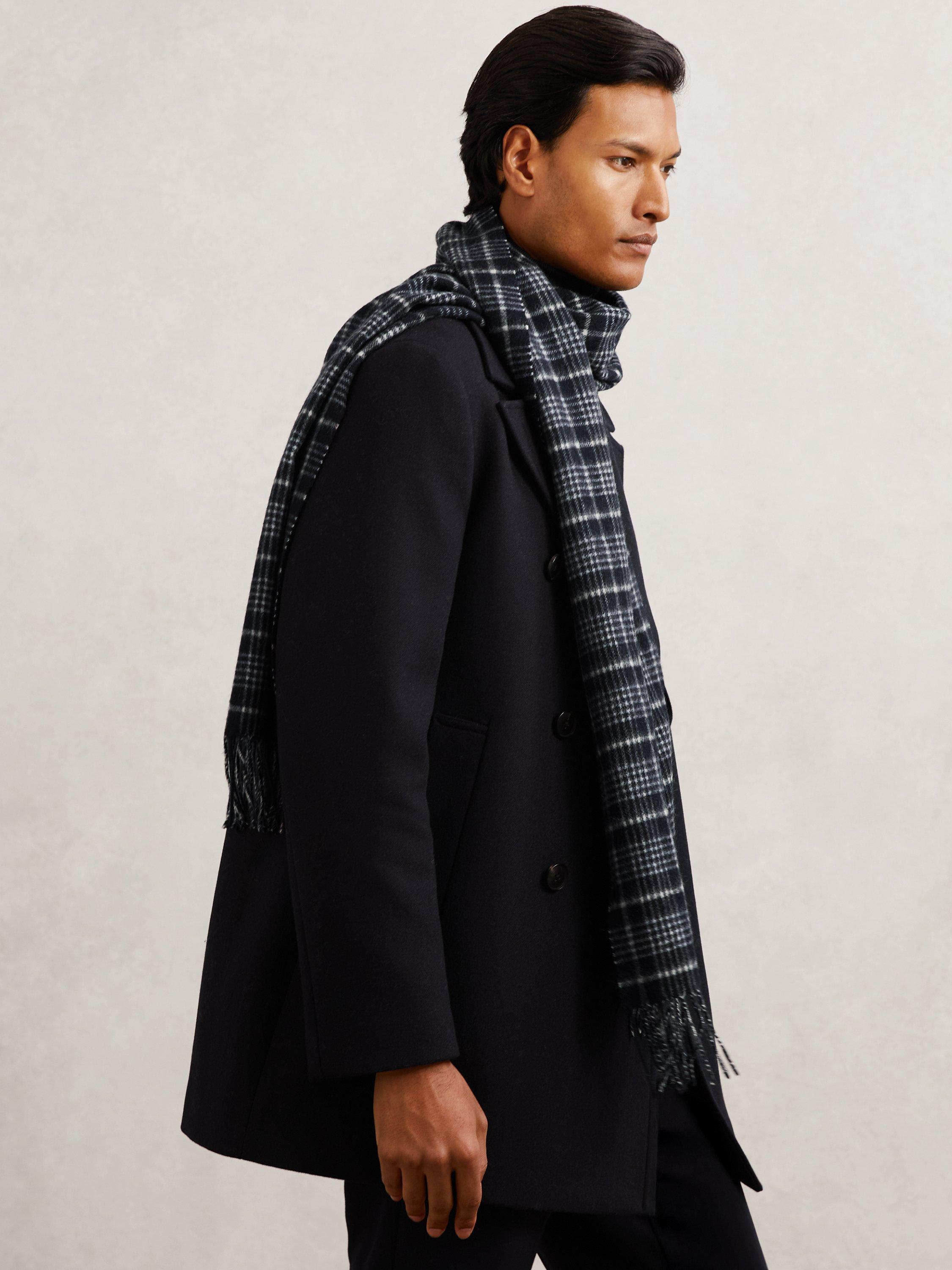 Product image 3 of 5, which shows Reiss Theo Wool Blend Check Scarf with Cashmere, Navy