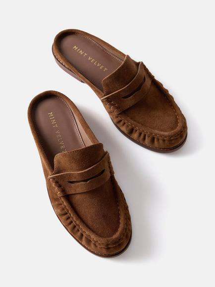 Mint Velvet Lyla Suede Backless Loafers, Brown Tan - view 2, Brown Tan