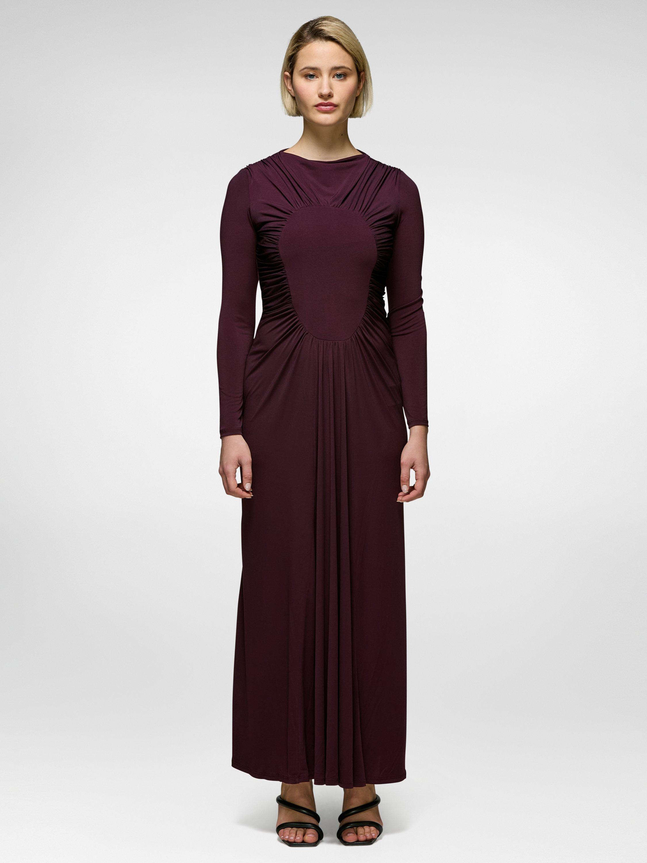 Product image 1 of 4, which shows DASKA Chara Ruched Maxi Dress, Plum, XS