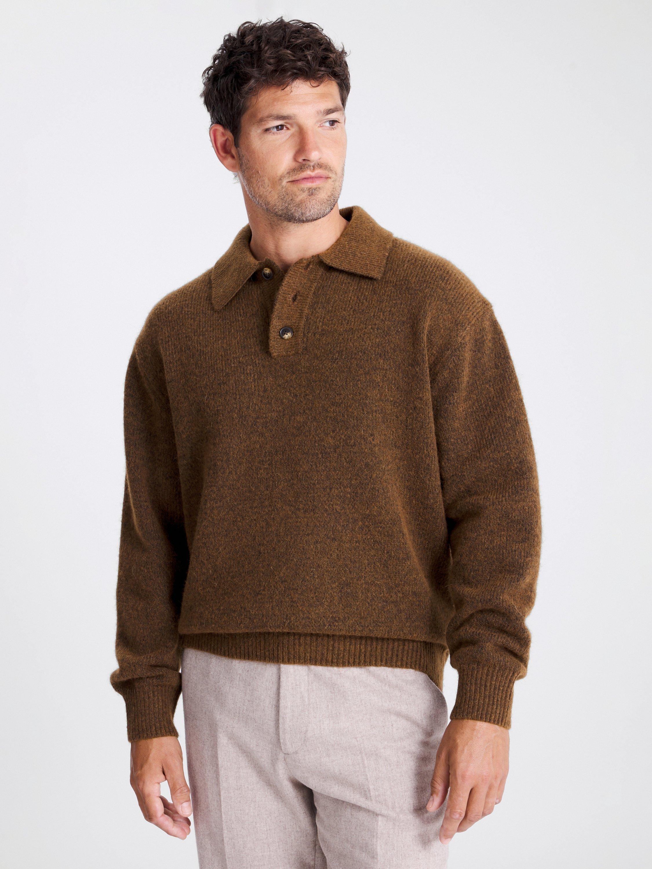 Product image 1 of 4, which shows Moss Regular Fit Knit Polo Shirt, Brown, S