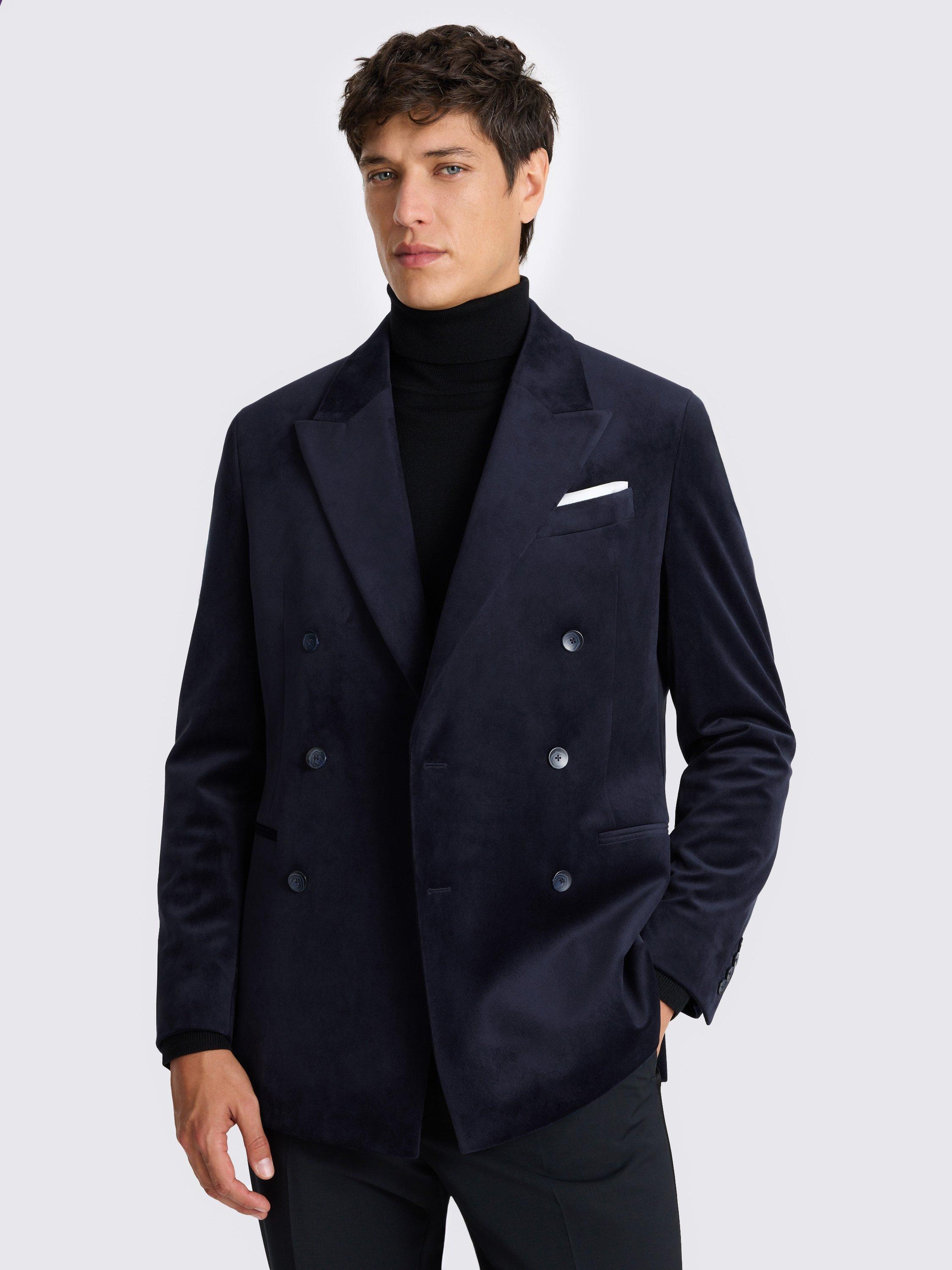 Product image 1 of 6, which shows Moss Regular Fit Double-Breasted Velvet Suit Jacket, Blue, 36S