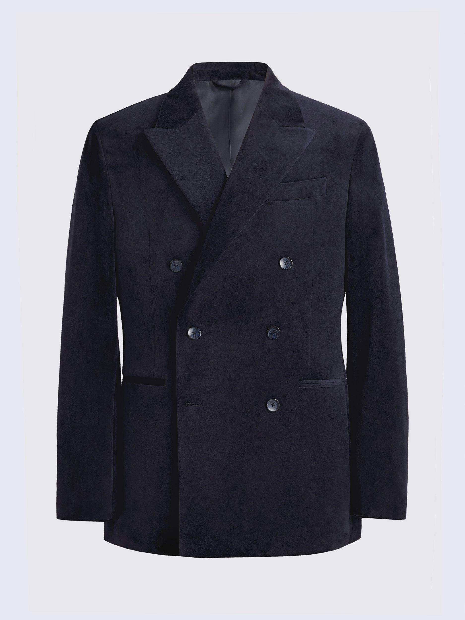 Product image 6 of 6, which shows Moss Regular Fit Double-Breasted Velvet Suit Jacket, Blue, 36S