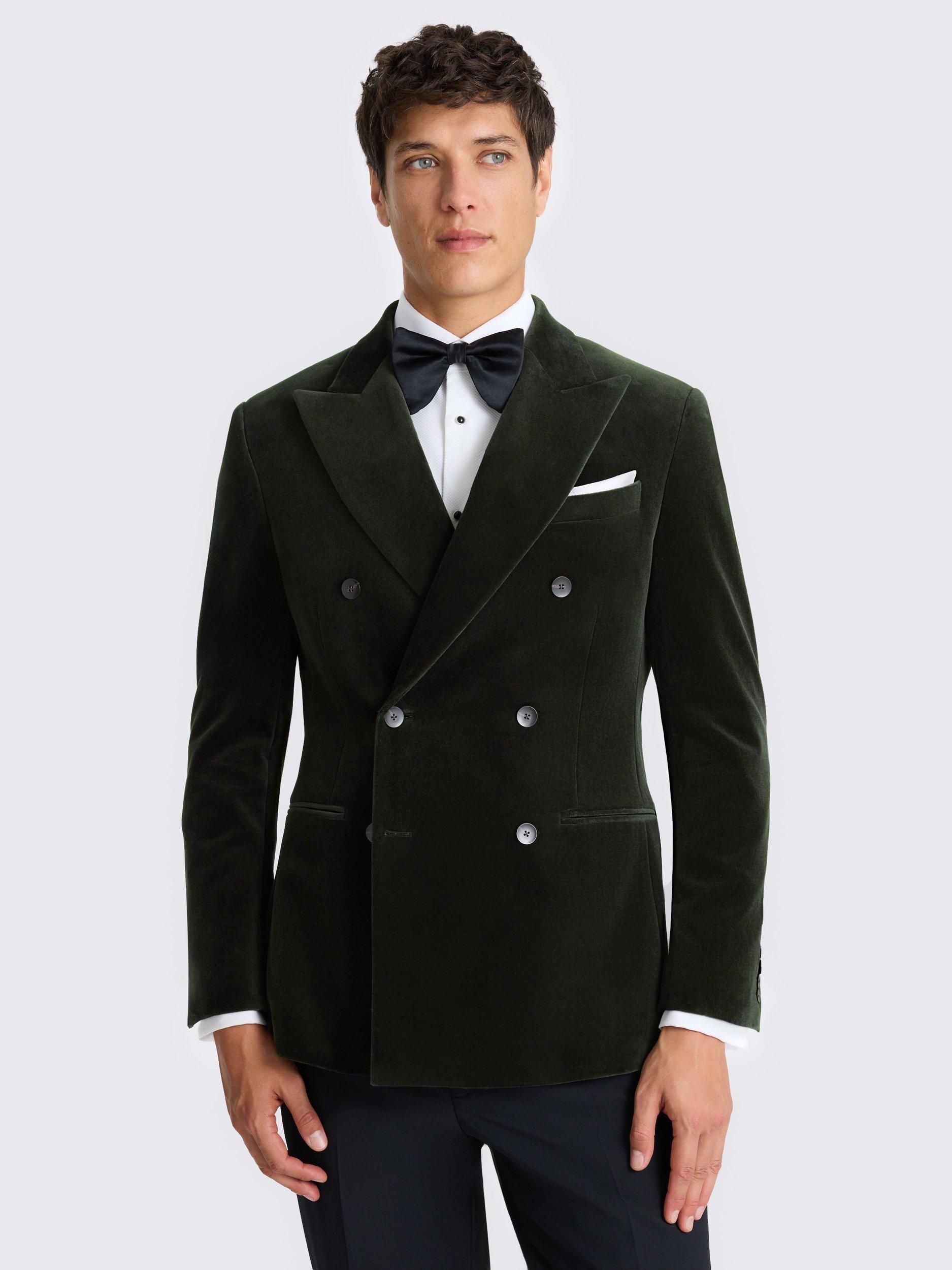 Product image 1 of 6, which shows Moss Tailored Fit Double Breasted Velvet Blazer, Green, 36S