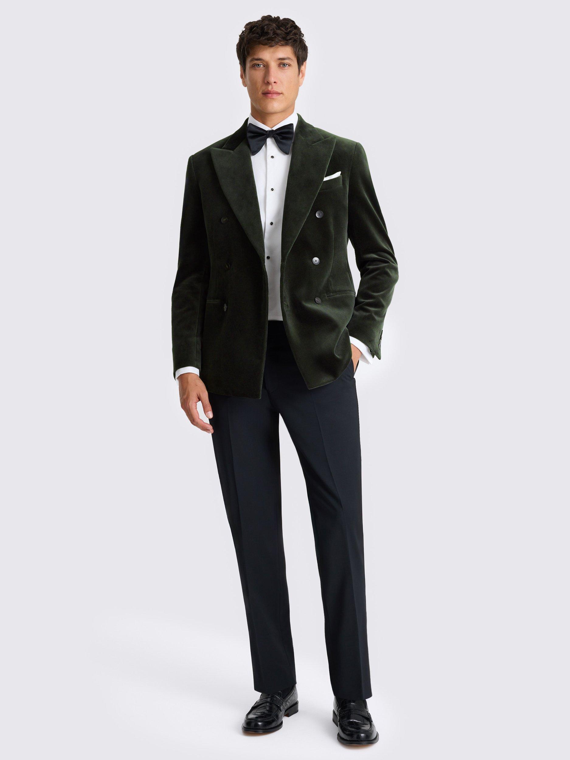Product image 2 of 6, which shows Moss Tailored Fit Double Breasted Velvet Blazer, Green, 36S