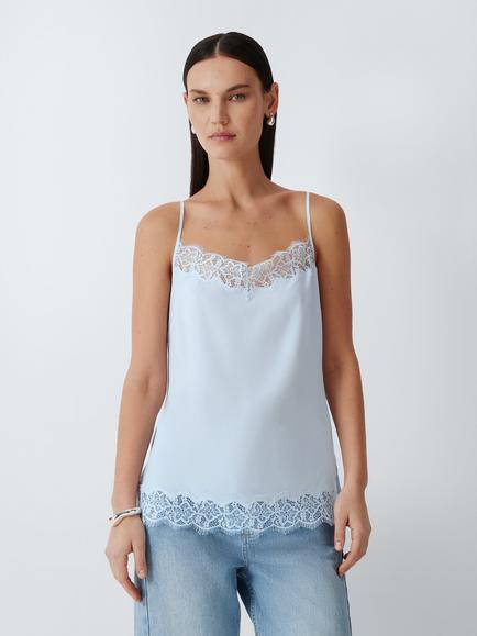 John Lewis Pure Silk Lace Trim Cami Top, Pale Blue