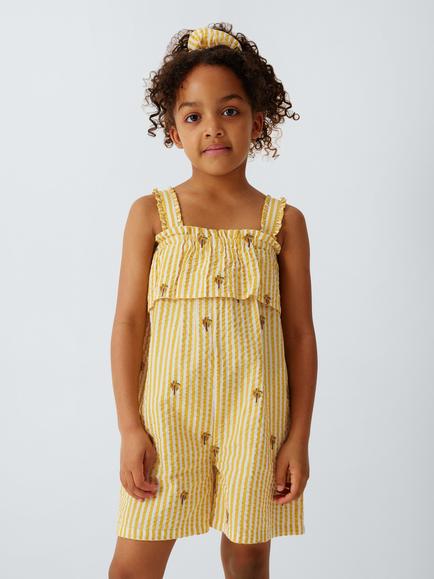 John Lewis Kids' Embroidered Palm Tree Stripe Playsuit & Hair Tie Set, Yellow, Yellow