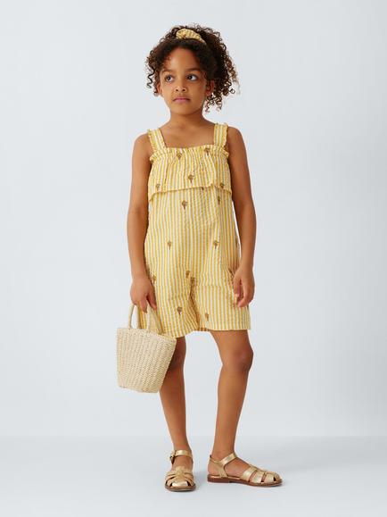 John Lewis Kids' Embroidered Palm Tree Stripe Playsuit & Hair Tie Set, Yellow - view 2, Yellow