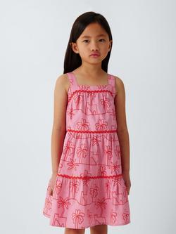 John Lewis Kids' Palm Print Tiered Dress, Pink, Pink
