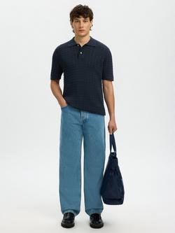Selected Short Sleeve Knitted Polo Top, Sky Captain - view 2, Sky Captain