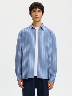 Selected Cotton Relaxed Fit Poplin Stripe Shirt, Medieval Blue Multi, Medieval Blue Multi