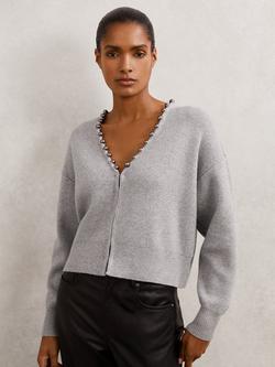 Reiss Wool Blend Beaded Trim Cardigan with Cashmere, Grey, Grey
