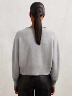 Reiss Wool Blend Beaded Trim Cardigan with Cashmere, Grey - view 2, Grey