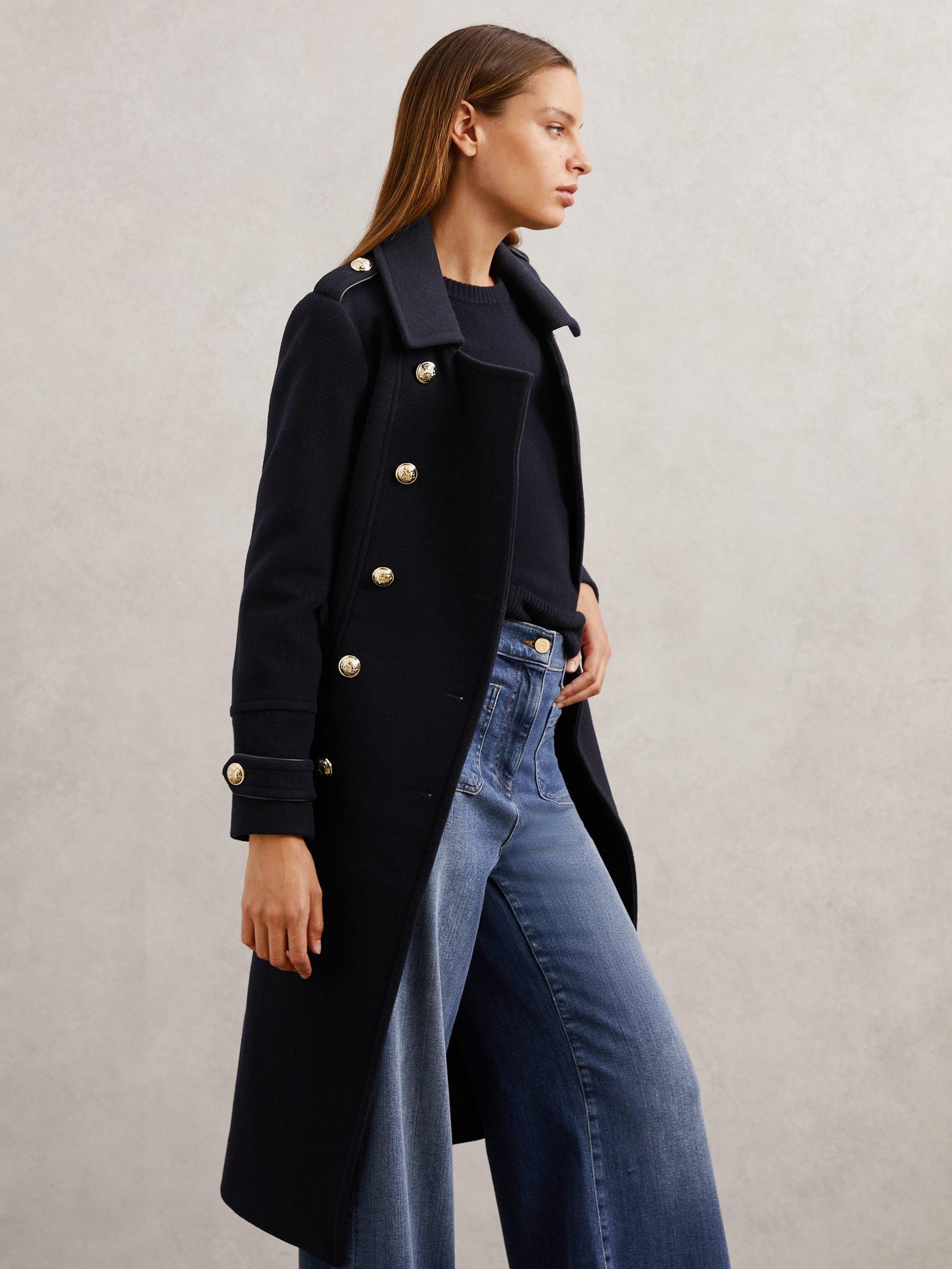 Product image 1 of 5, which shows Reiss Farley Wool Blend Double Breasted Coat, Navy, 6