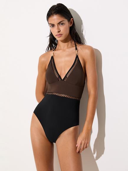 Reiss Ray Embroidered Colour Block Swimsuit, Chocolate Brown/Black