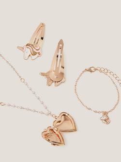 Monsoon Kids' Unicorn Heart Locket Necklace & Hair Clips Set, Rose Gold - view 2, Rose Gold
