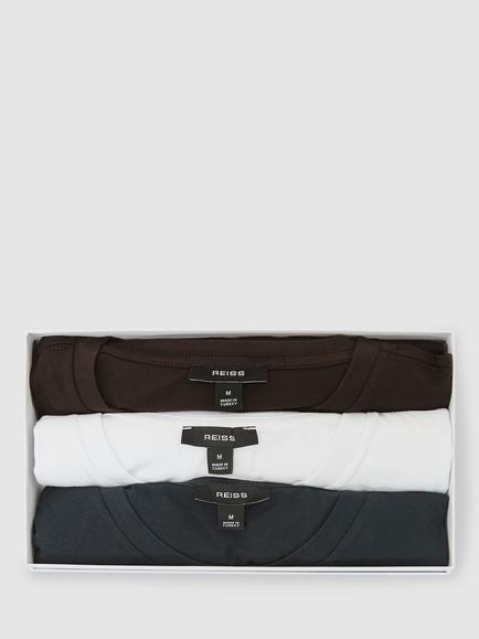 Reiss Bless Cotton Regular Fit Short Sleeve T-Shirt, Pack of 3, White/Navy/Brown - view 2, White/Navy/Brown