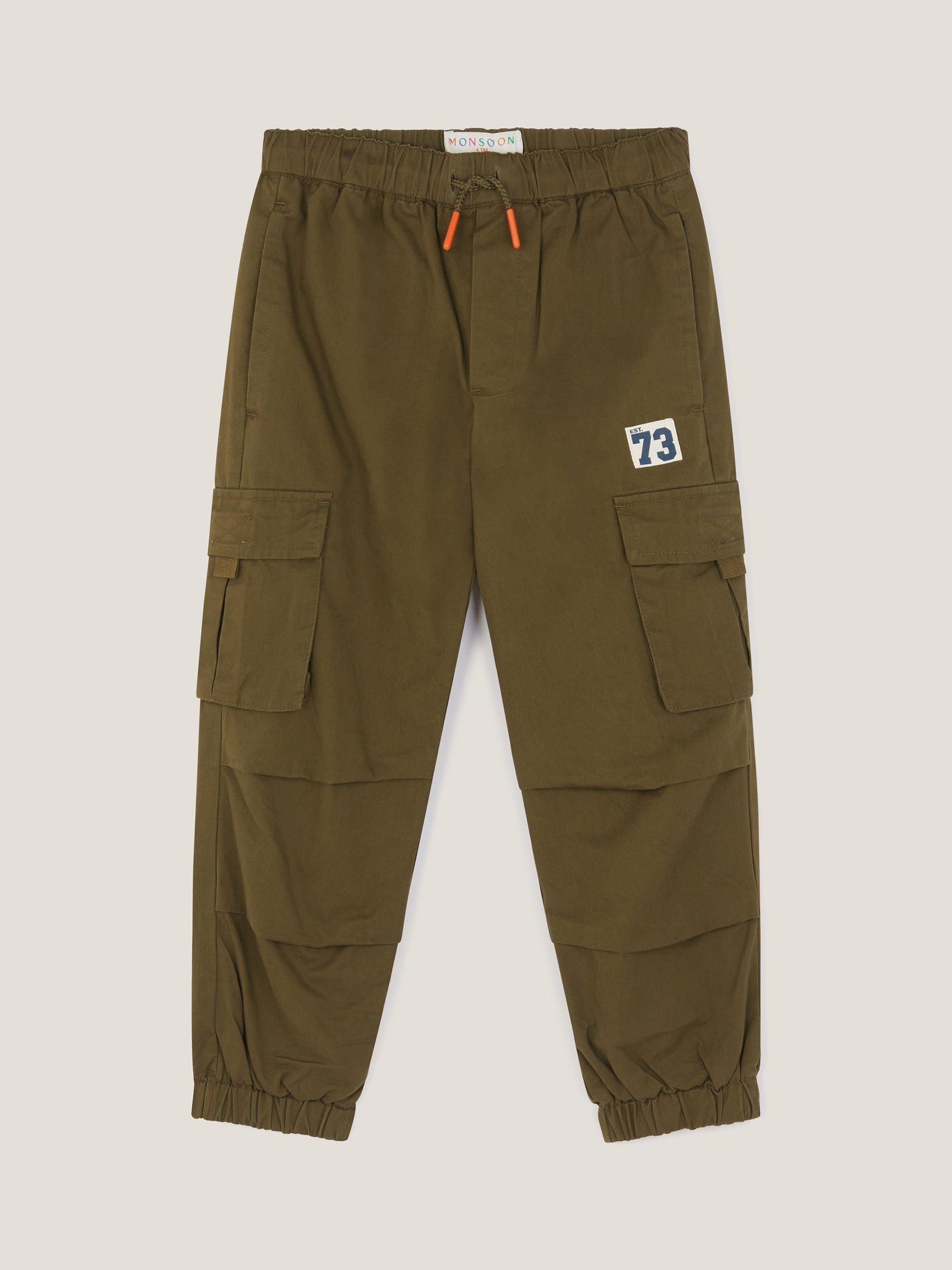 Product image 1 of 3, which shows Monsoon Kids' Cotton Blend Cargo Trousers, Khaki, 2-3 years