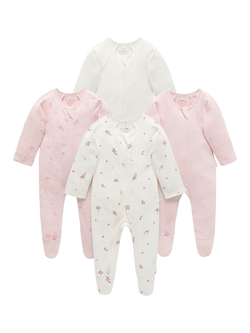Purebaby Baby Cotton Plain & Floral Zip Sleepsuit, Pack of 4, Pink Blossom, Pink Blossom