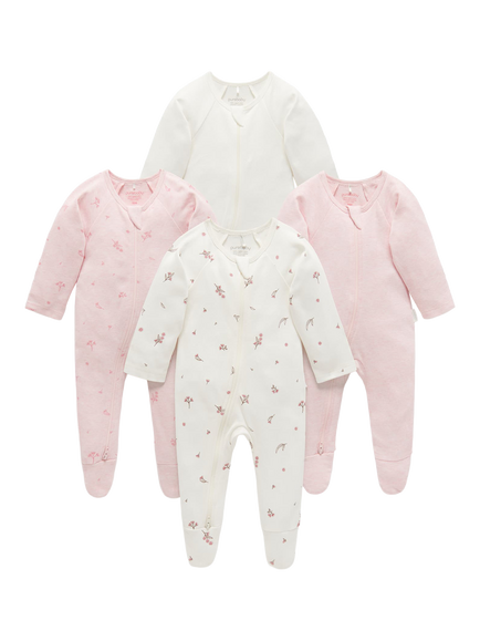 Purebaby Baby Cotton Plain & Floral Zip Sleepsuit, Pack of 4, Pink Blossom, Pink Blossom