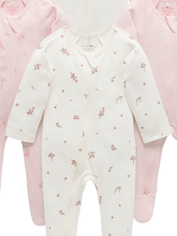 Purebaby Baby Cotton Plain & Floral Zip Sleepsuit, Pack of 4, Pink Blossom - view 2, Pink Blossom