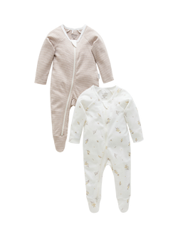 Purebaby Baby Cotton Floral & Stripe Zip Sleepsuit, Pack of 2, Vanilla Wattlebee, Vanilla Wattlebee